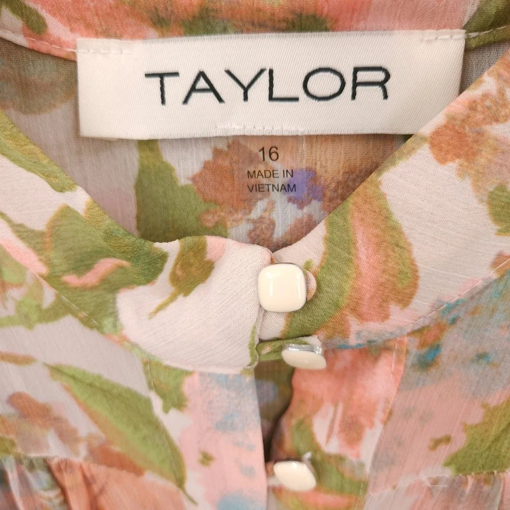 Taylor Printed Button Front Long Sleeve Floral Dress w Slip Womens Size 16 NWT
